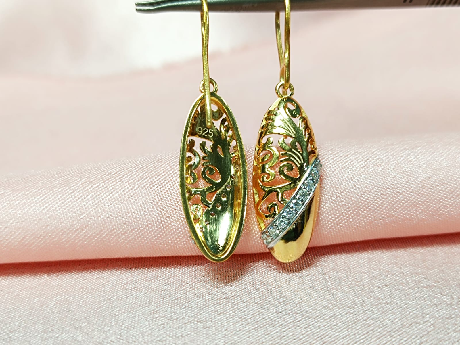 RKC Golden Unique Design Moissanite Hanging Hoop Earrings 14k Yellow Gold Plated Weight 4.5 gm