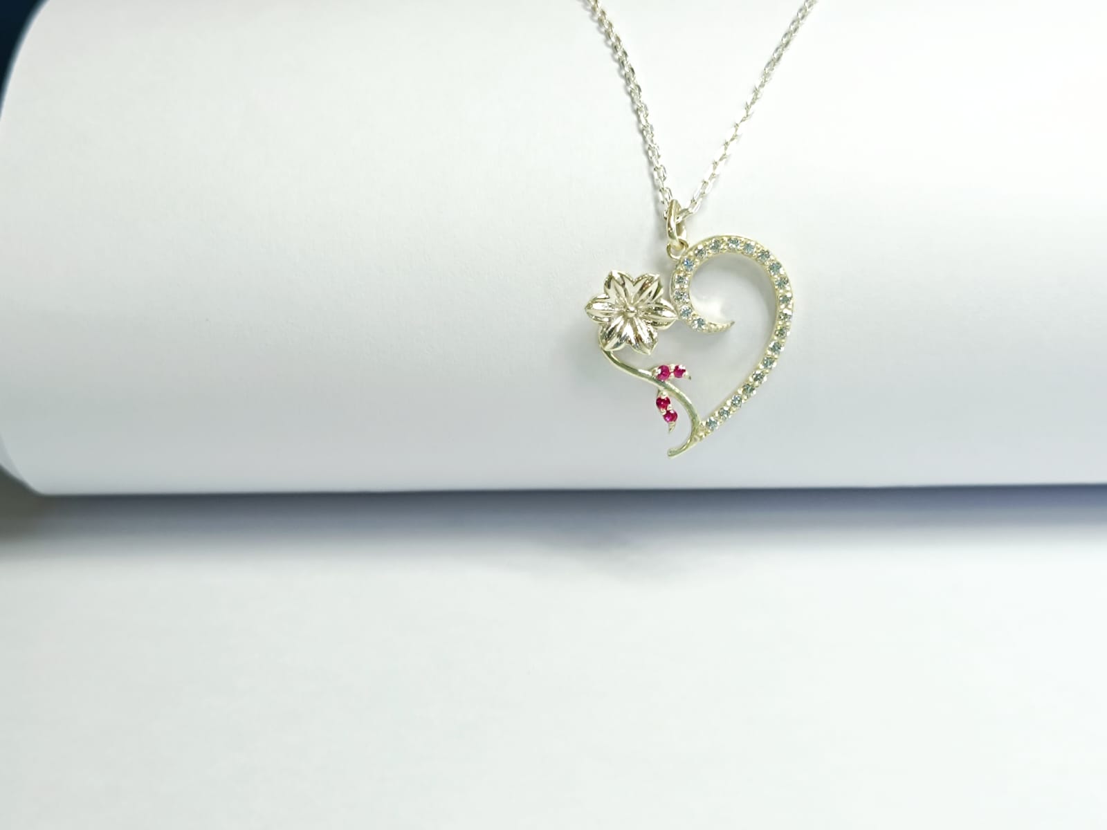 RKC White Moissanite And Ruby Heart Pendant Necklace 925 Sterling Silver Birthday Gift For Women's