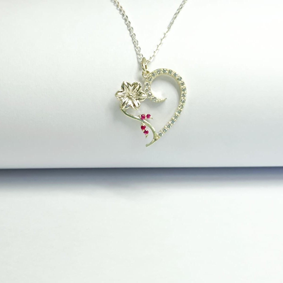 RKC White Moissanite And Ruby Heart Pendant Necklace 925 Sterling Silver Birthday Gift For Women's