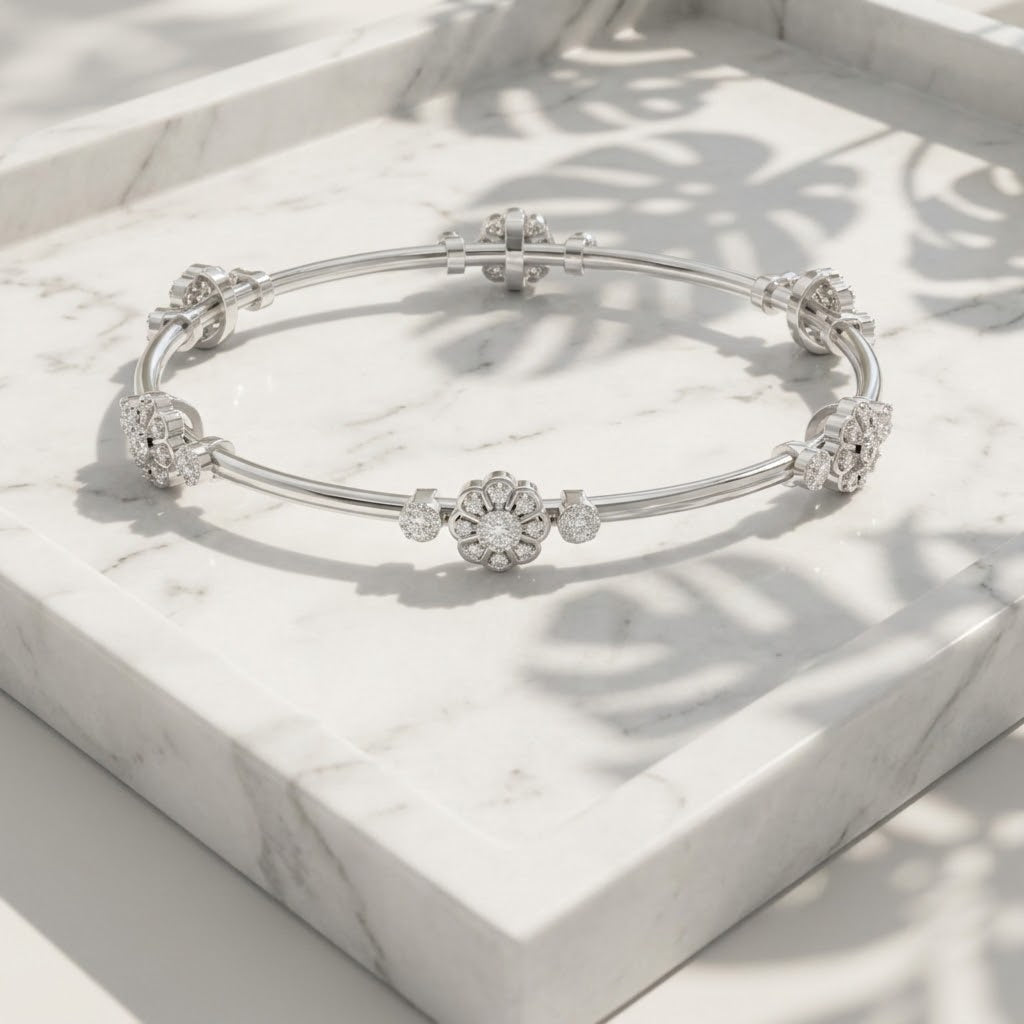 925 Silver Moissanite Floral Station Bangle 14k Gold Plated