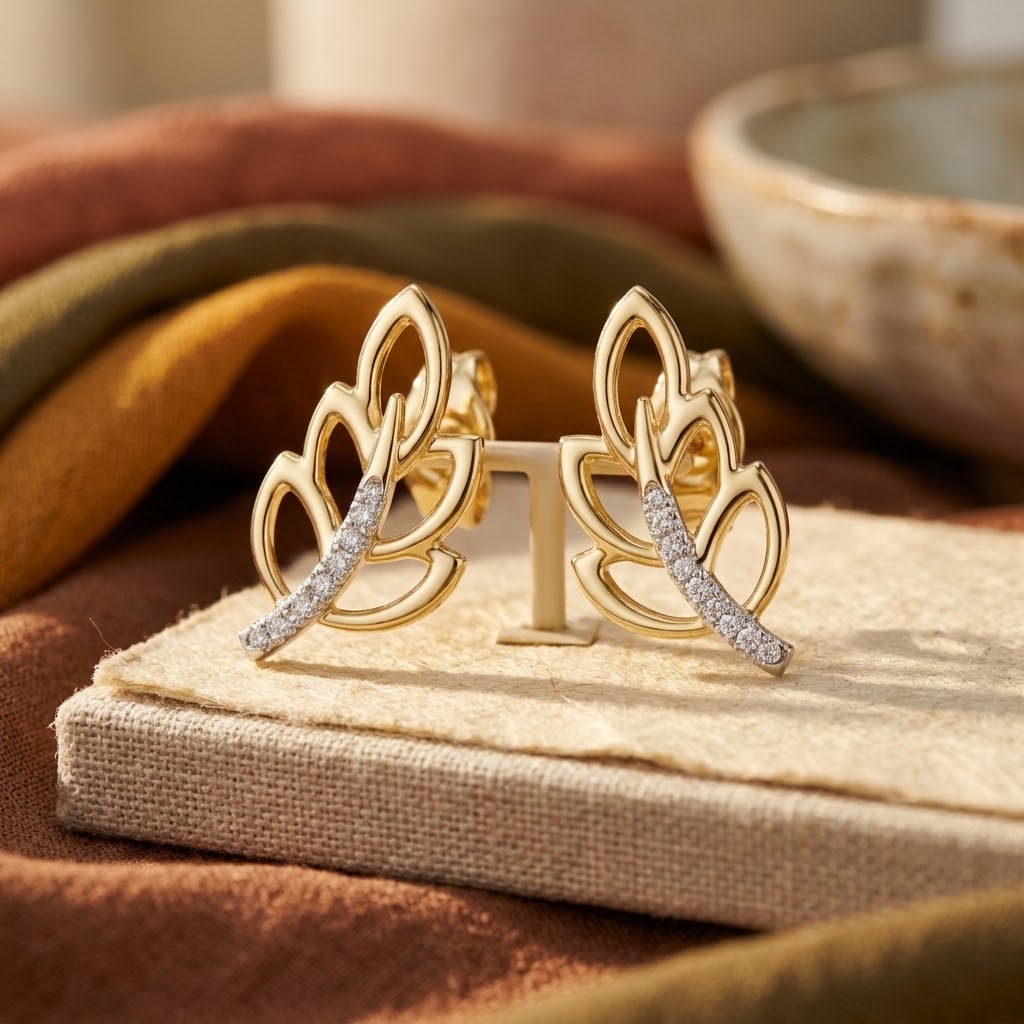 925 Silver Moissanite Nature-Inspired Leaf Stud Earrings – 14K Gold Plated