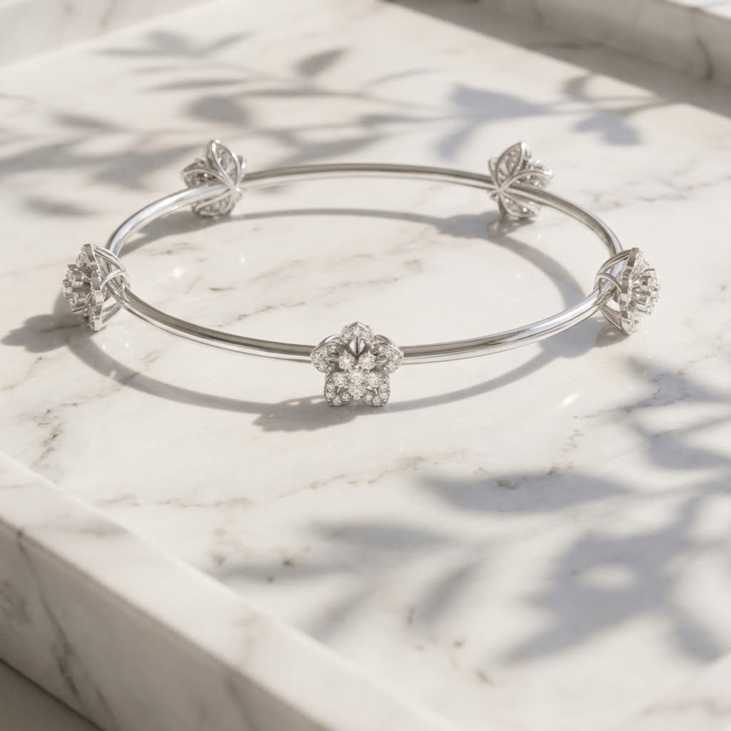 925 Silver Moissanite Floral Station Bangle 14k Gold Plated