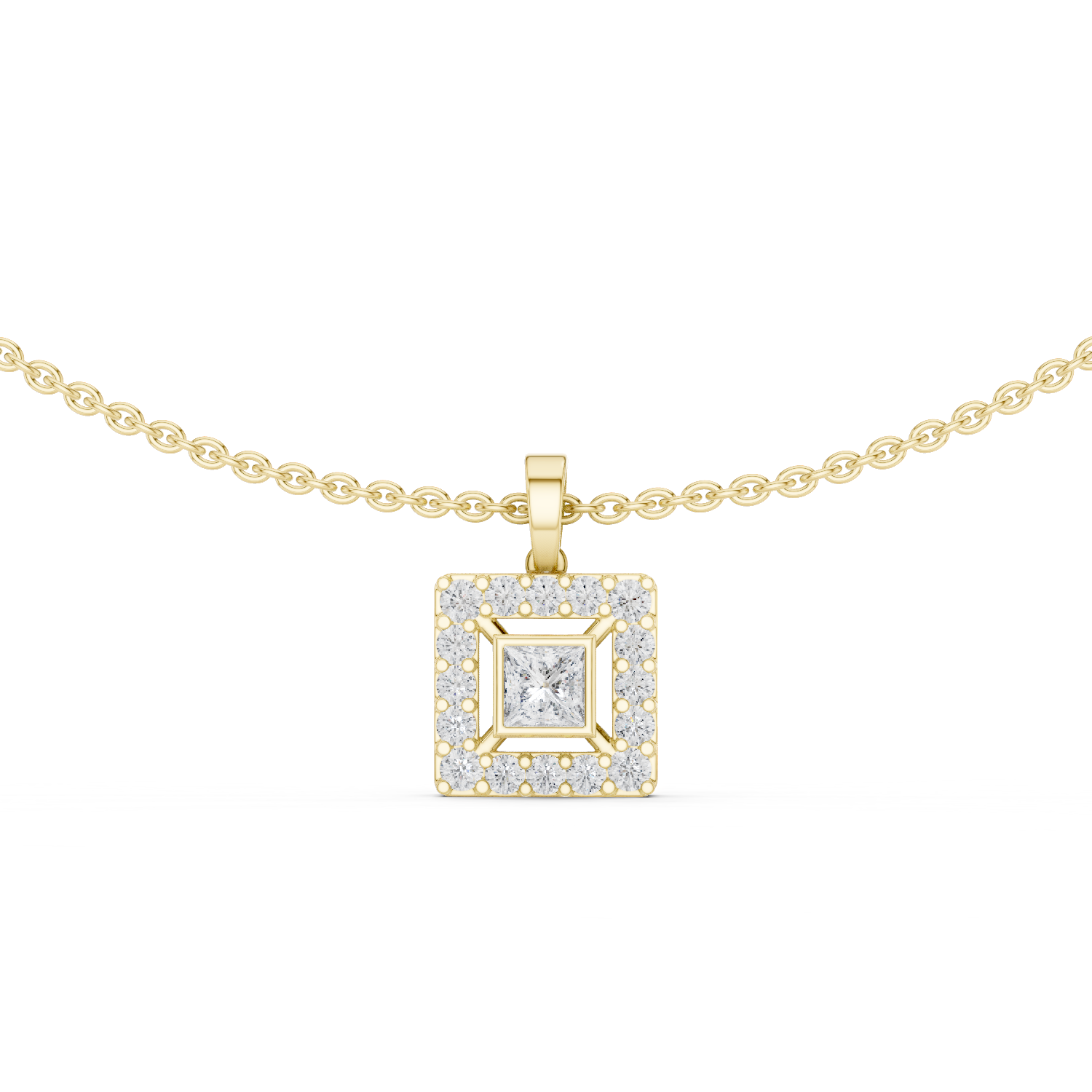 925 Silver Princess Moissanite Halo Square Pendant 14K Gold Plated