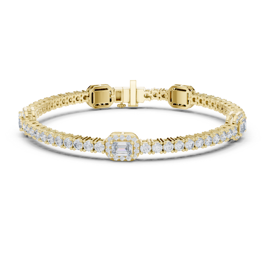 925 Sterling Silver Emerald Cut Halo Moissanite Tennis Bracelet – 14K Gold Plated