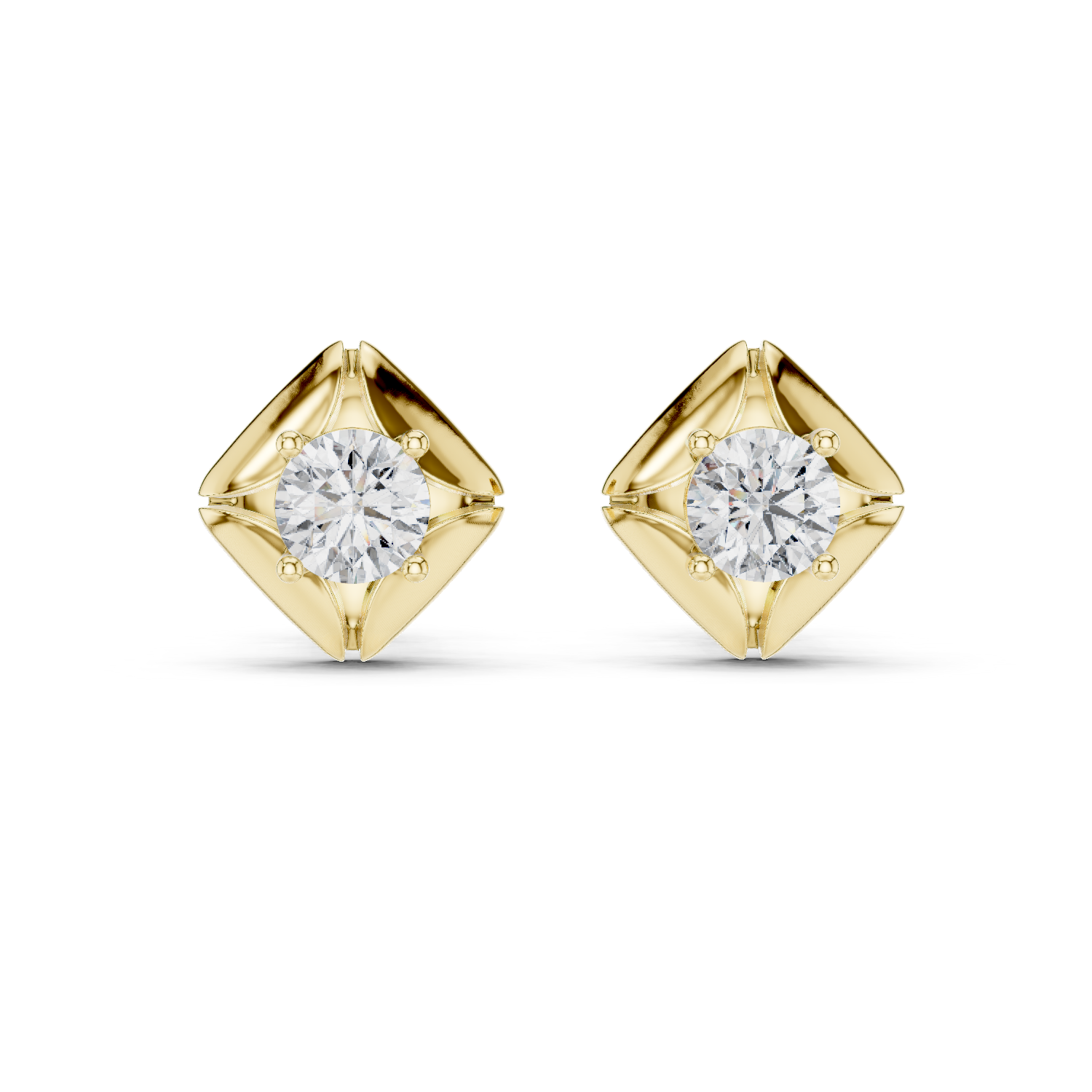 925 Silver Round Moissanite Geometric Petal Solitaire Stud Earrings – 14K Gold Plated