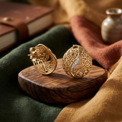 925 Silver Moissanite Intricate, Vintage-Inspired Filigree Stud Earrings – 14K Gold Plated