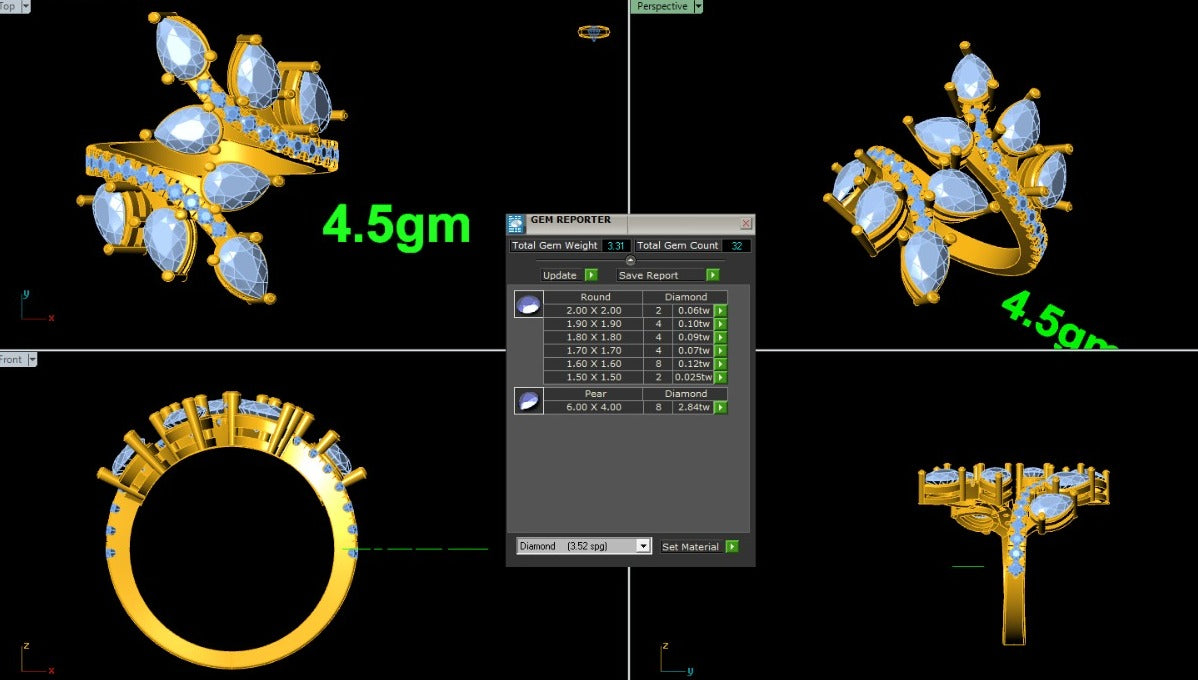 RKC Birnen-Moissanit-Cluster-Hochzeits-Bypass-Ringe, 925er Sterlingsilber, 14 Karat Weißgold vergoldet, Gewicht 4,5 g
