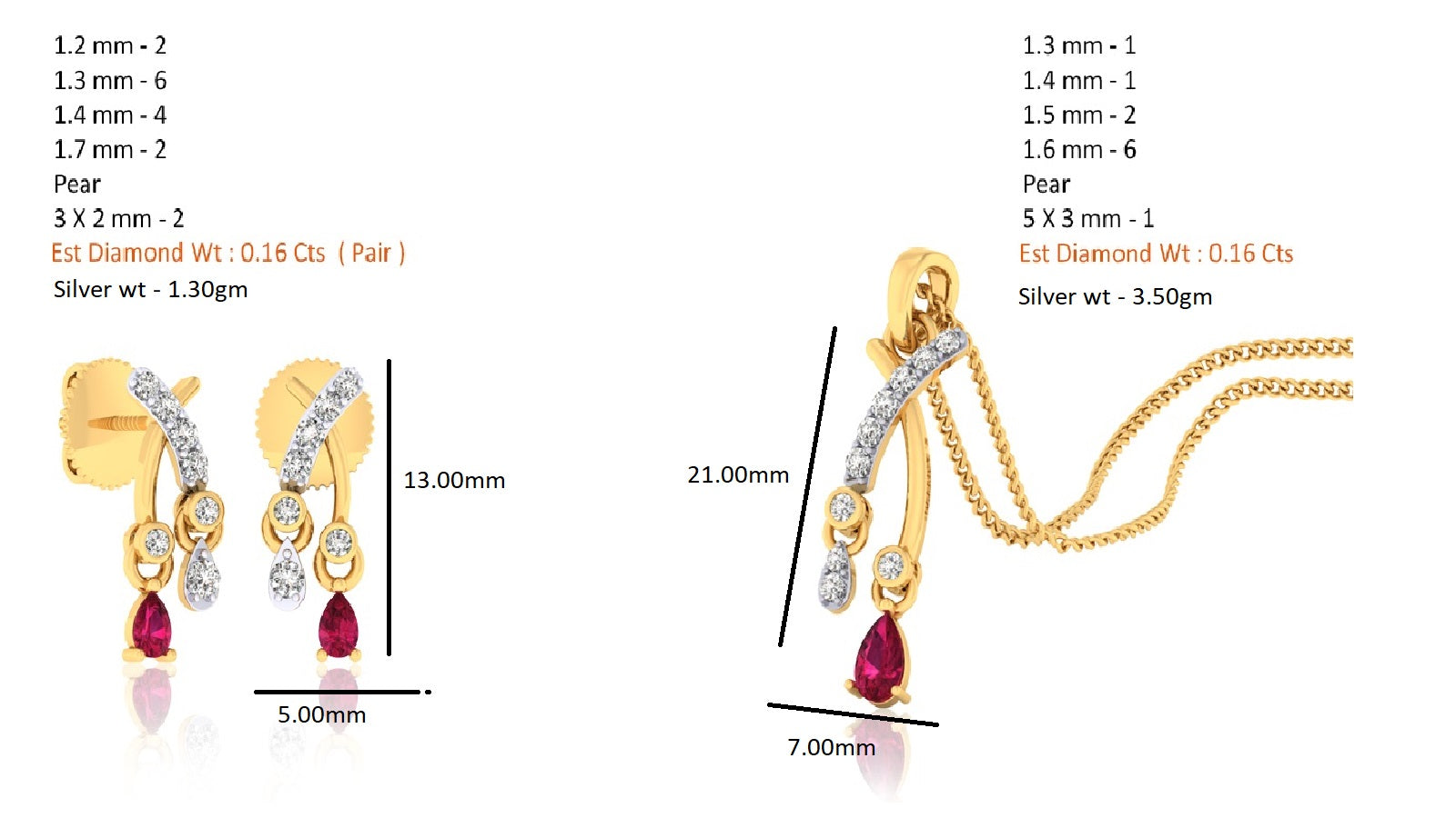 RKC 925 Silber, insgesamt 0,32 ct Rubin-Anhänger mit einem Gesamtgewicht von 3,50 g und ein gewichtiger Ohrring mit 1,30 g, besetzt mit 14-karätiger Rosévergoldung