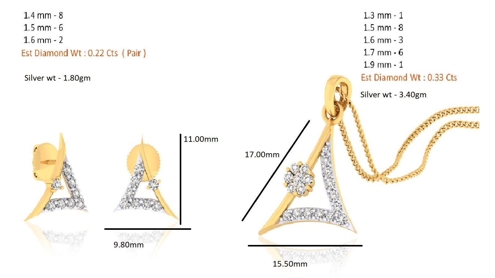 RKC 925 Silber Golden Gesamtgewicht 0,55 ct Moissanit Anhänger Gewicht 3,40 gm und Gewicht Ohrring 1,80 gm Set mit 14K Roségold plattiert