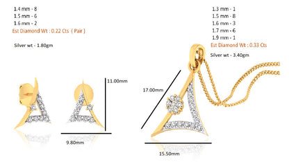 RKC 925 Silber Golden Gesamtgewicht 0,55 ct Moissanit Anhänger Gewicht 3,40 gm und Gewicht Ohrring 1,80 gm Set mit 14K Roségold plattiert