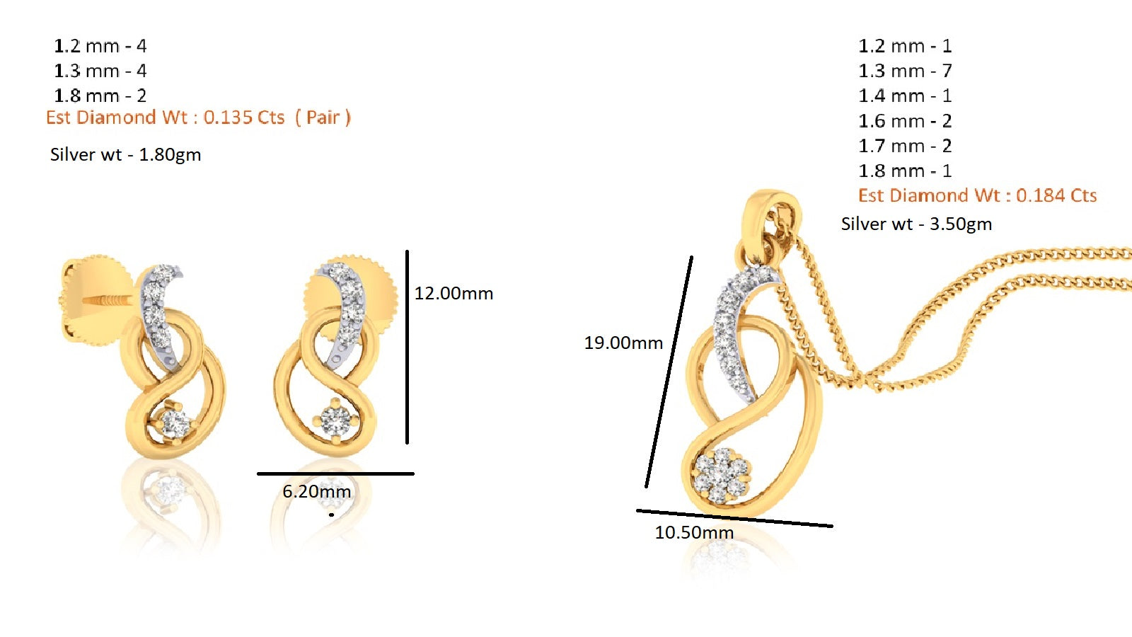 RKC 925 Silber Golden Gesamtgewicht 0,31 Karat Moissanit-Anhänger, Gewicht 3,50 g und Gewicht Ohrring 1,80 g, besetzt mit 14 Karat Roségold plattiert