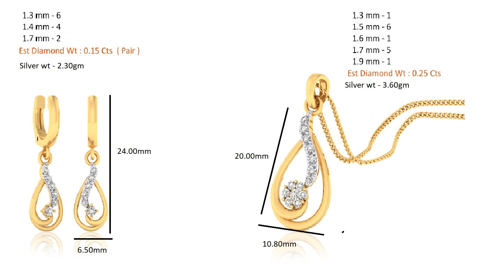 Ciondolo in moissanite da 0,40 ct in argento dorato RKC 925 con peso di 3,60 g e orecchino da 2,30 g con placcatura in oro giallo 14 carati