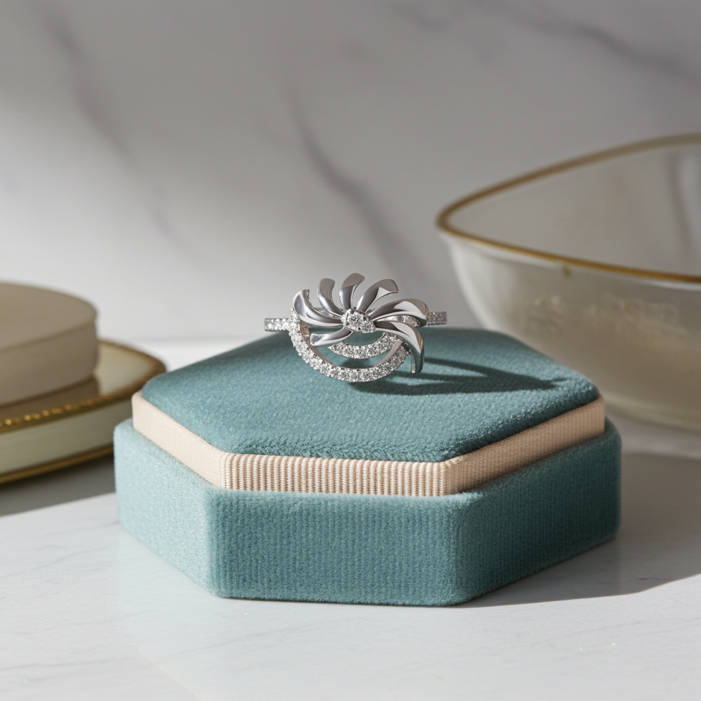 925 Silver Moissanite Inspired Pinwheel Swirl Cocktail Ring 14K Gold Plated