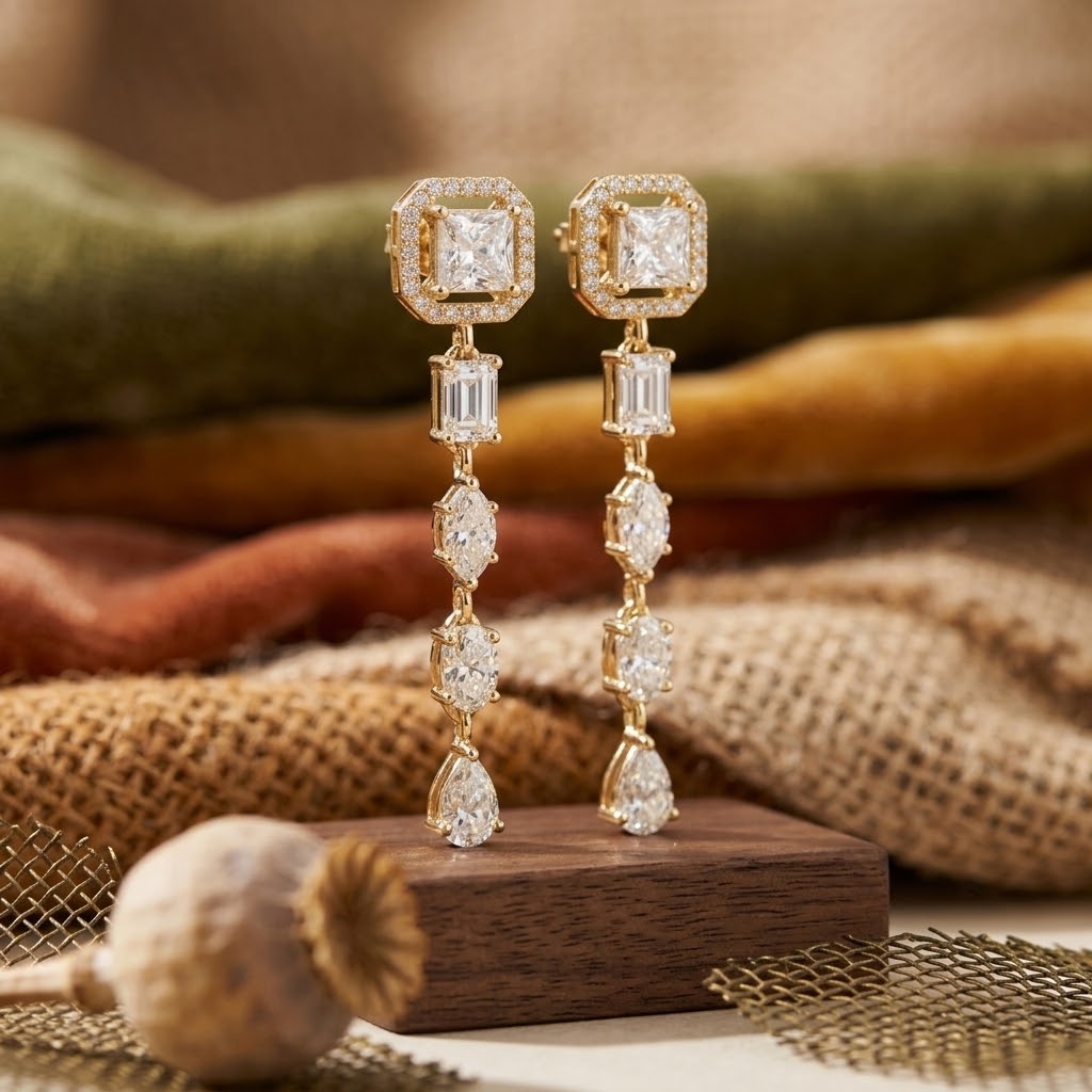 925 Sterling Silver Mixed-Cut Moissanite Linear Drop Dangle Earrings – 14K Gold Finish