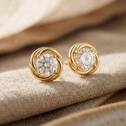 925 Silver Round Moissanite Swirl Halo Solitaire Stud Earrings – 14K Gold Plated