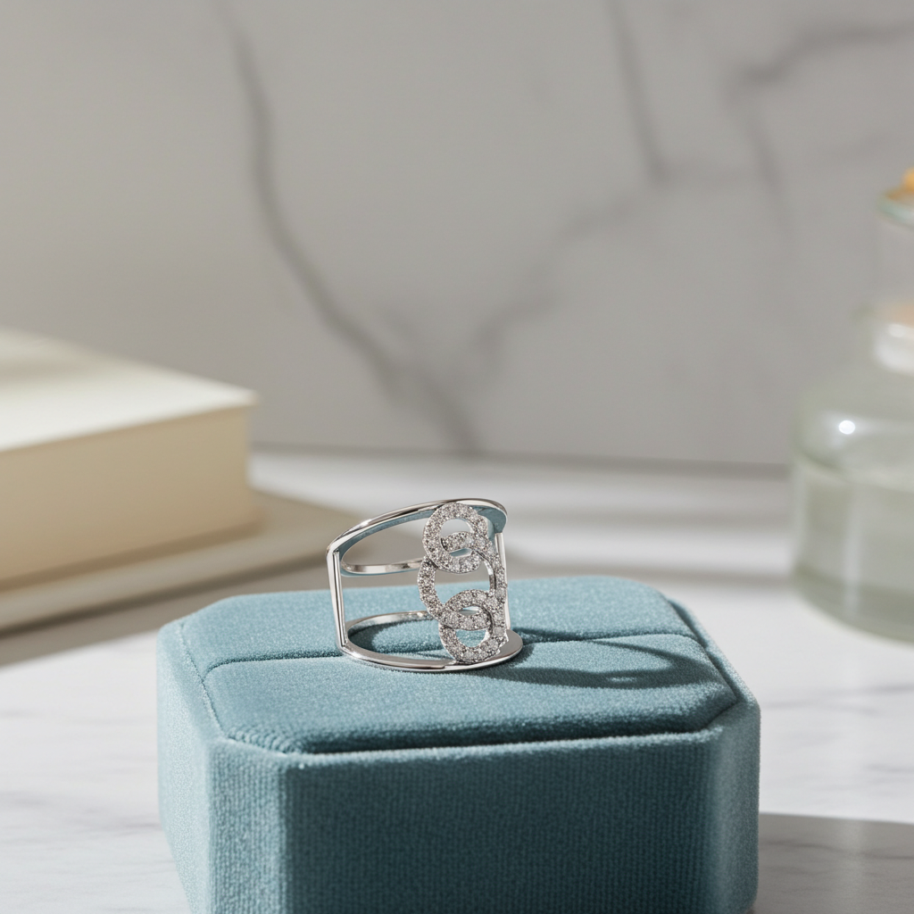 925 Silver Moissanite Contemporary Interlocking Open-Cuff Statement Ring 14K Gold Plated