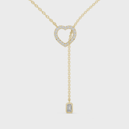 925 Silver Moissanite Pavé Heart Lariat Y-Drop Necklace with Emerald Cut Drop 14K Gold Plated