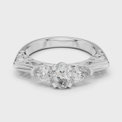 925 Silver Three Stone Oval & Pear Cut Trilogy Engagement Ring 14k Gold Plated