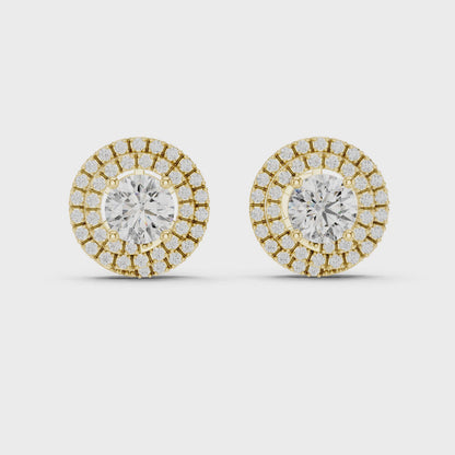 925 Silver Round Moissanite Double Halo Stud Earrings – 14K Gold Plated