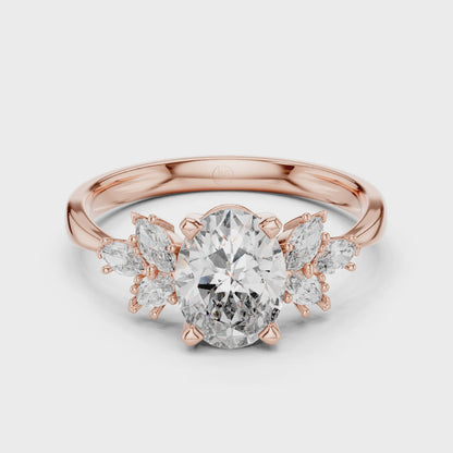 925 Silver Oval Moissanite Cluster Engagement Ring 14K Gold Plated