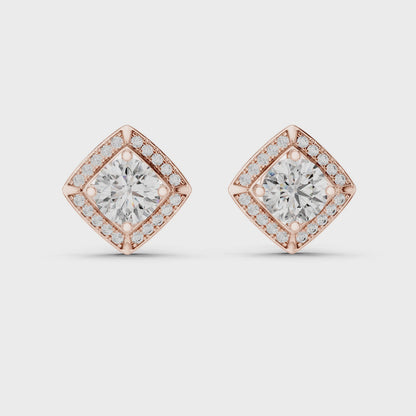 925 Silver Round Moissanite Geometric Diamond Halo Stud Earrings – 14K Gold Plated