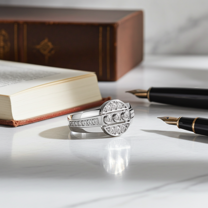 925 Silver Moissanite  Art Deco Triple-Row Concentric Target Mens Ring