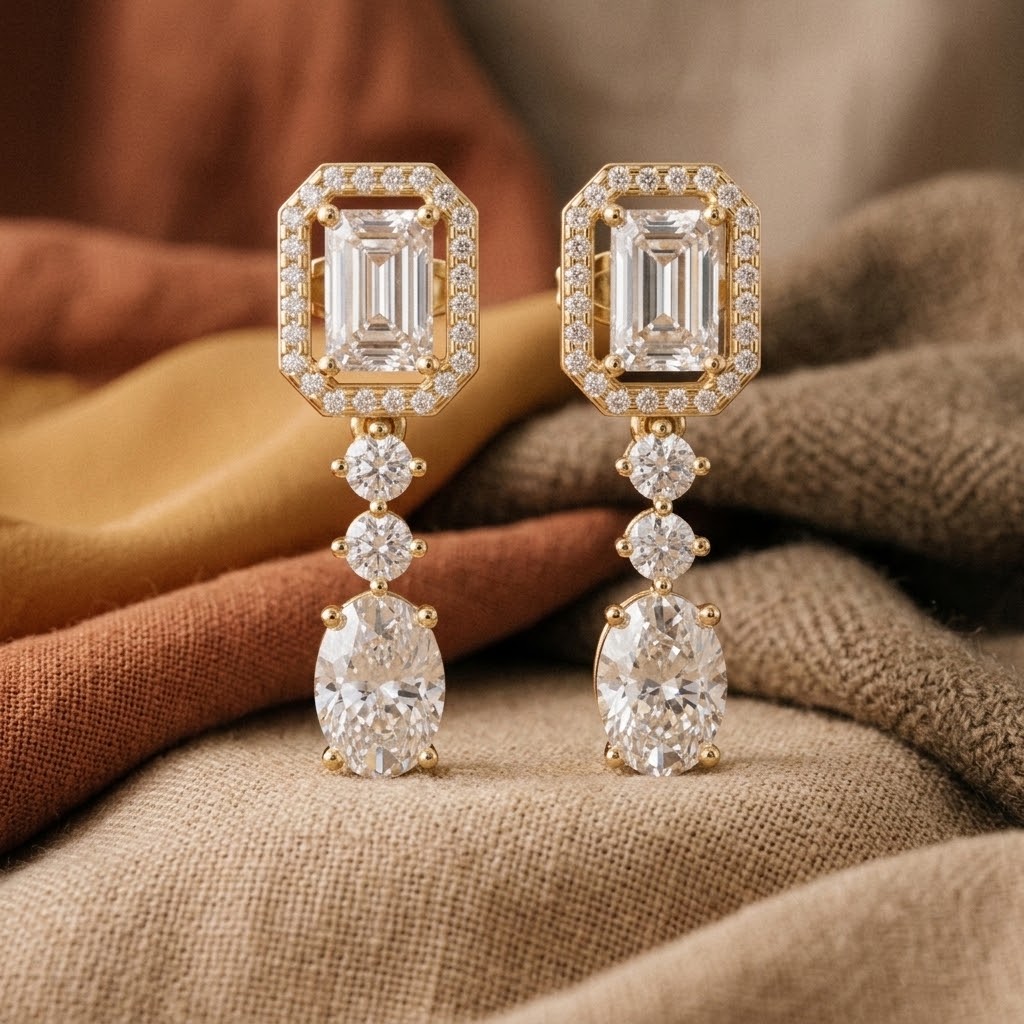 925 Sterling Silver Mixed-Cut Moissanite Linear Drop Dangle Earrings – 14K Gold Finish