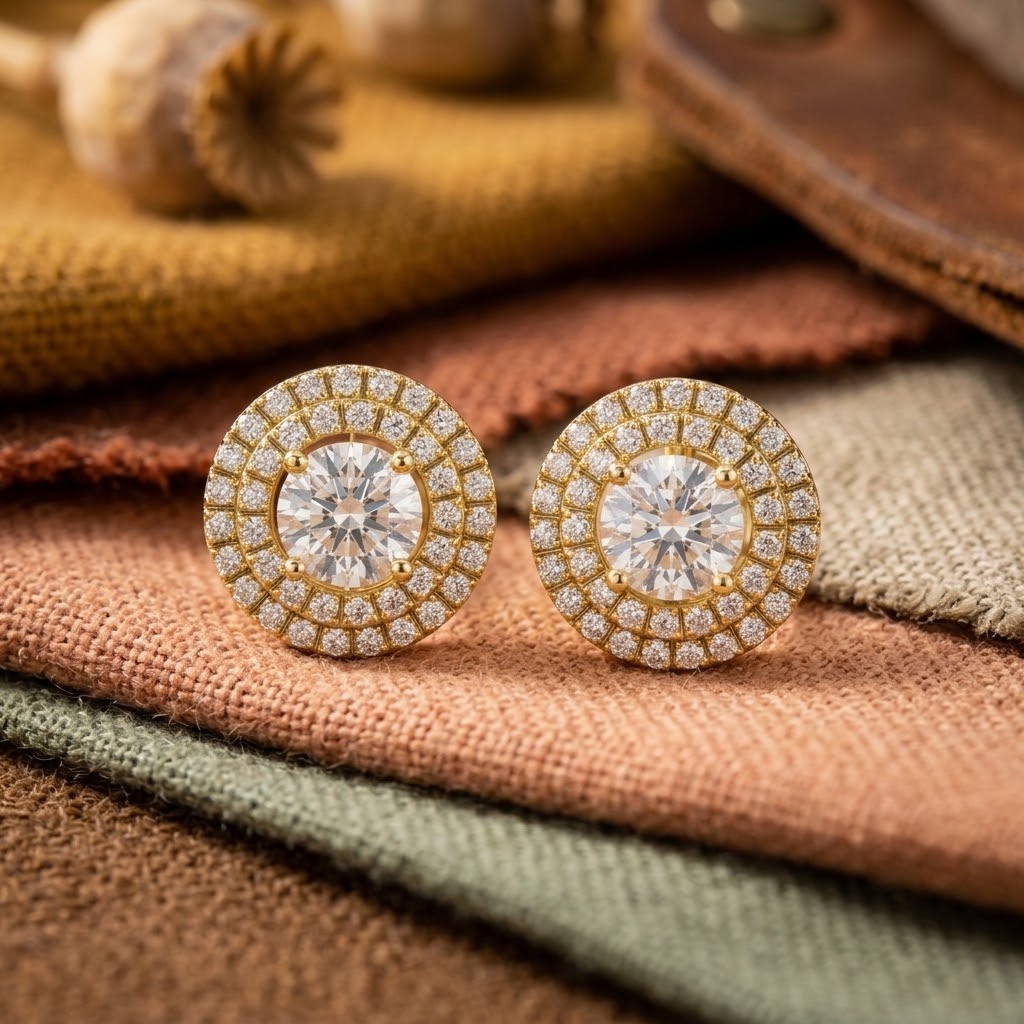 925 Silver Round Moissanite Double Halo Stud Earrings – 14K Gold Plated
